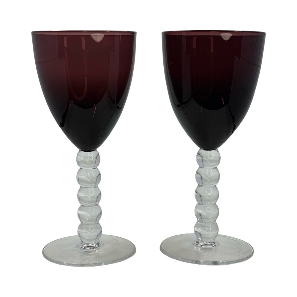 2 Vintage Artland Amethyst Wine Goblets Handblown Plum Glass Clear Ball Stem